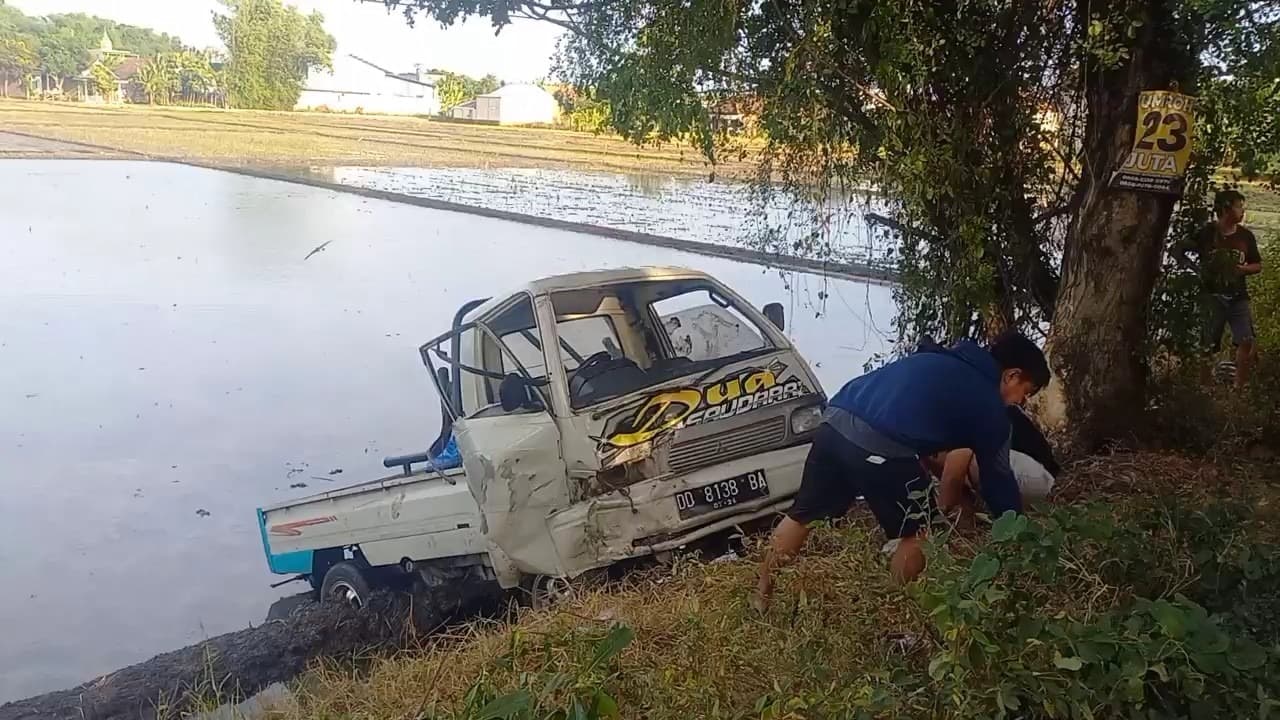 Sopir Mengantuk, Pikap Muatan Sayuran Terguling ke Sawah di Jombang